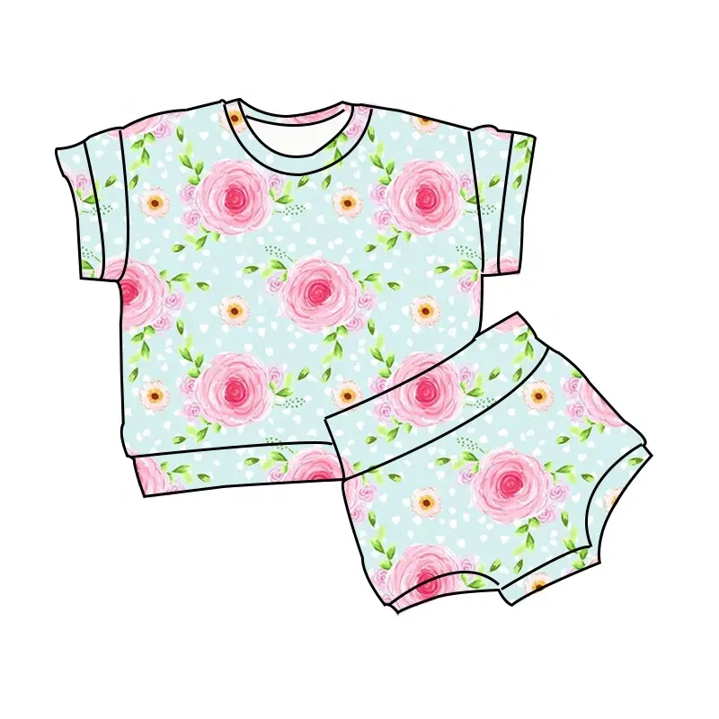Set pakaian bayi perempuan 0-6 bulan, baju lengan pendek dengan bloomer 2 potong, set pakaian musim panas murah untuk bayi balita perempuan