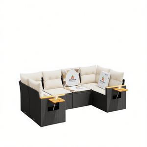 Conjunto de sofás de jardín en negro y blanco crema, muebles modernos de patio, seccionales para exteriores con portavasos - Product Image 1