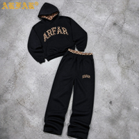Ensemble 2 pièces streetwear homme OEM ODM, style européen et américain, en molleton épais, coupe ample, avec patch léopard et lettres, style hip-hop, vente en gros