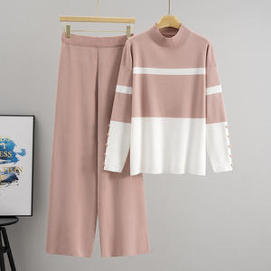 Abito europeo da <span class=keywords><strong>donna</strong></span> autunno inverno sportivo a righe alla moda Casual ampio a due pezzi Set Cross-Border <span class=keywords><strong>pantaloni</strong></span> a gamba larga modello solido - Product Image 2