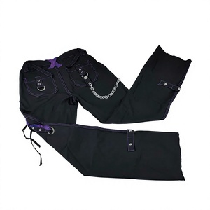 <b>Men's</b> <b>Black</b> Purple Punk Gothic Lace Up Wide Leg <b>Pants</b> Chain Zipper Rock Trousers - Product Image 2
