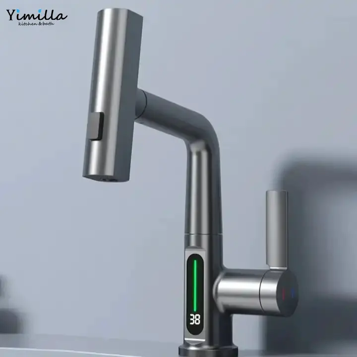 Grifo mezclador giratorio multifunción de 360 grados, grifo de agua con pantalla de temperatura LED Digital, grifo extraíble para lavabo de baño