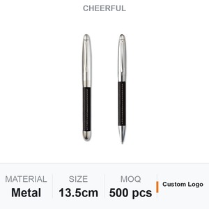 Black Leather Wrapped Rollerball Ballpoint <b>Pen</b> Set with <b>White</b> Stitching Polished Silver-Tone Metal Trim for Custom Logo Executi - Product Image 1