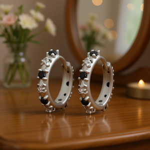 Orecchini a Cerchio in Oro Bianco E3737 con Zirconi Neri e Pietre Trasparenti, Stile Punk per Donne, Gioielli in Lega - Product Image 2