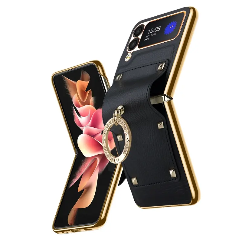 Модный чехол для телефона из искусственной кожи с золотым гальваническим покрытием для samsung galaxy z флип 4 3 кожаный чехол