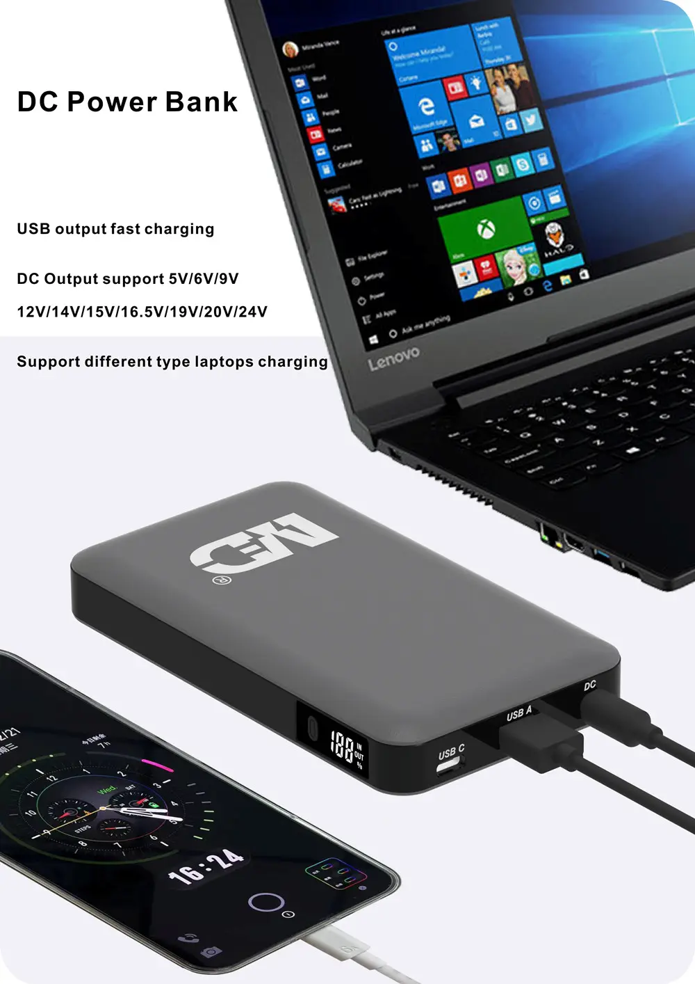 Trending 10000mAh Portable USB-C   USB-A Fast Charge Power Bank DC Battery Charger with LED Display for Laptop Notebooks
