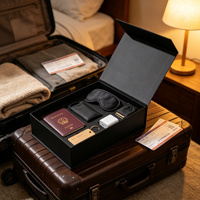 Coffret Cadeau de Voyage Noir avec Porte-Passeport, Masque de Nuit, Adaptateur, Étiquette de Bagage, Pochette, Emballage pour Valises, Ensemble Cadeau en Gros
