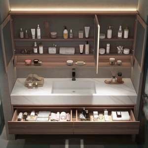 ארון רחצה מודרני עם אגן משולב עם אגן משולב ומראה אמבט רהיט כולל צבע עץ טבעי - Product Image 3