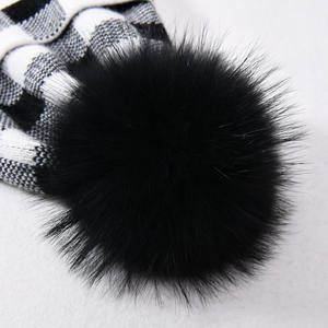 Chapeau d'hiver en cachemire tricoté épais et chaud de haute qualité, avec revers, pour femmes, motif écossais, mode, doux, moelleux, <span class=keywords><strong>pompon</strong></span> en fourrure véritable, bonnet - Product Image 6