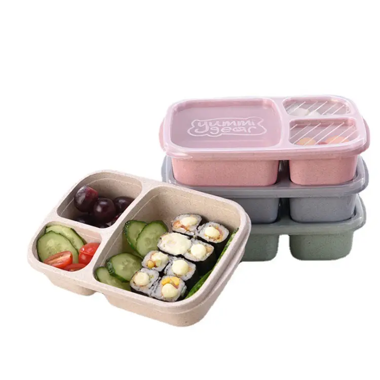 Bento - Bento, lancheira de palha de fibra de trigo com 3 compartimentos, bandeja portátil de plástico fofa para comida infantil, ideal para crianças e adultos, escola de menina, fábrica