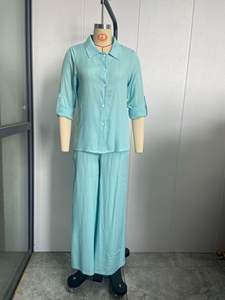 Ensemble 2 pièces pour femmes, chemise et pantalon en coton et lin, couleur unie, ample, confortable, respirant, tendance - Product Image 6