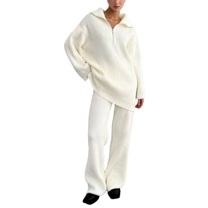 Simple Solid Color Half Zip Sweater <b>Knit</b> Straight Leg Pants Two Piece <b>Set</b> for Women Fashion - Product Image 3