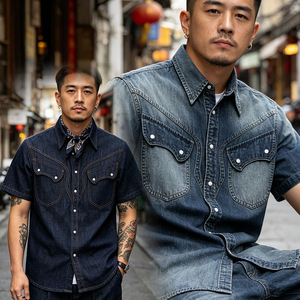 Chemises d'é<span class=keywords><strong>t</strong></span>é pour hommes, vêtements pour hommes, nouveau style, <span class=keywords><strong>t</strong></span>-<span class=keywords><strong>shirt</strong></span> vintage, chemise décontractée en denim délavé à manches courtes pour hommes, vêtements pour hommes - Product Image 2