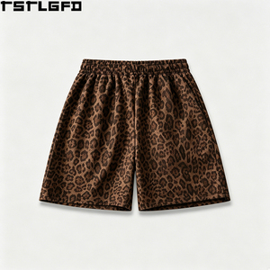 Custom Leopard Print Shorts Heavyweight Cotton Twill Drawstring Waist Streetwear Baggy Bermuda Shorts Wholesale - Product Image 1