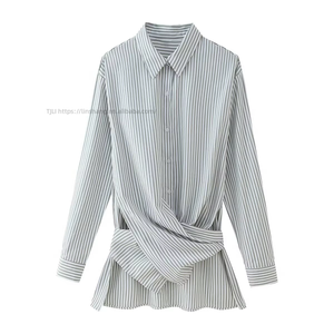 Women's Striped Front Shirt Collared Long Sleeve Tie-Back Casual Office Blouse <b>Top</b> Fashion - Product Image 3