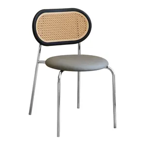 Modern Industrial-Style Restaurant Cafe Chair Metal Frame with Wicker Rattan Cane Back Leisure Dining Set Chair for Coffee Shops