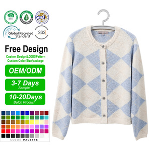 Cardigan en tricot à carreaux anti-plis pour <span class=keywords><strong>femme</strong></span>, col rond, boutonné, coupe ample, manches longues, style preppy pour le printemps et l'automne - Product Image 6
