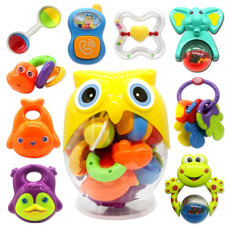 लोकप्रिय बच्चे खड़खड़ सेट Teether 9PCS शिशुओं हड़पने प्रकार के बरतन और स्पिन खड़खड़ खिलौना जल्दी शैक्षिक खिलौने उल्लू के साथ बोतल उपहार सीएन; गुआ