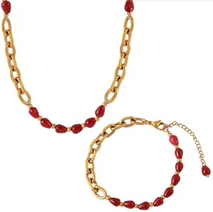 Fashion 18K Gold Plated Jewelry Set for Women Titanium Steel Red Agate Garnet Necklace and Bracelet Set