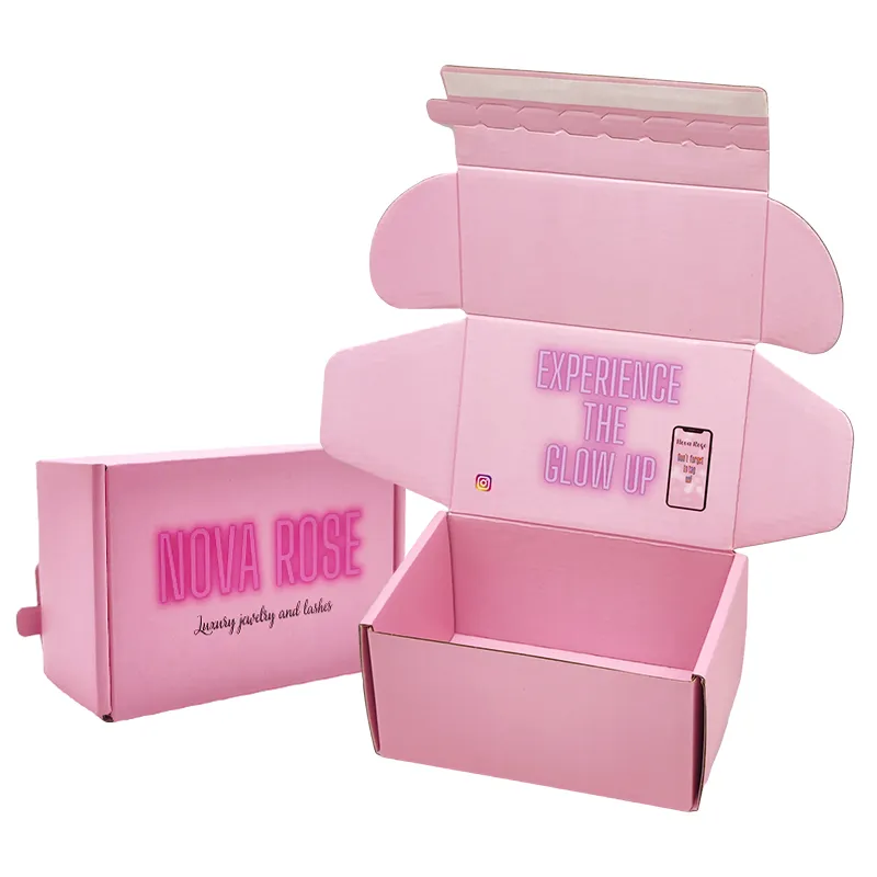 Personalizado Impresso Pequeno Mini Cosméticos Lash Carton Presente Embalagem Envio Rosa Corrugado Fácil Tear Strip Mailer Caixas De Papel De Luxo