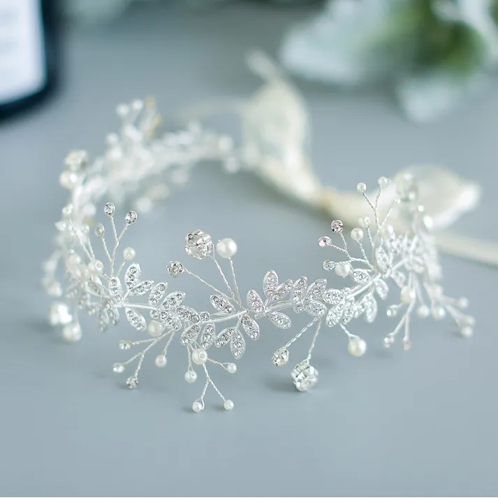 New Handmade Pearl Crystal Diamond Flower Leaves Bridal Headbands Hair Accessories Wedding for Women