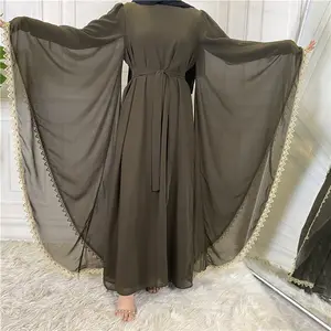 F815 # Eid迪拜热卖印度黑红蝴蝶卡夫坦阿巴亚设计女性穆斯林连衣裙雪纺蝴蝶阿巴亚