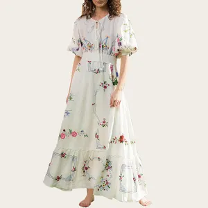 2022 summer fall clothes custom boho beach maxi ladies dress Cotton lace embroidery Elegant print casual dress for women