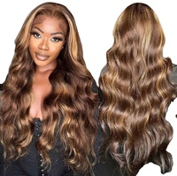 Perruque en cheveux humains ondulés blond miel avec mèches, frontale en dentelle HD, sans colle, en cheveux indiens bruts, effet ombré