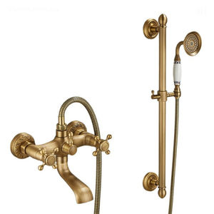 Robinet antique européen en laiton massif à 3 poignées, mitigeur mural brossé avec <span class=keywords><strong>douchette</strong></span> à effet pluie/ cascade/jet pour appartement/<span class=keywords><strong>WC</strong></span> - Product Image 1