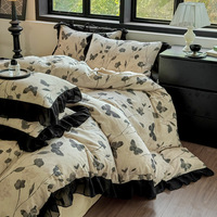 Parure de lit en double gaze 100 % coton 40S, certifiée Oeko-Tex, motif floral vintage français, avec housse de couette et garniture en dentelle noire à volants