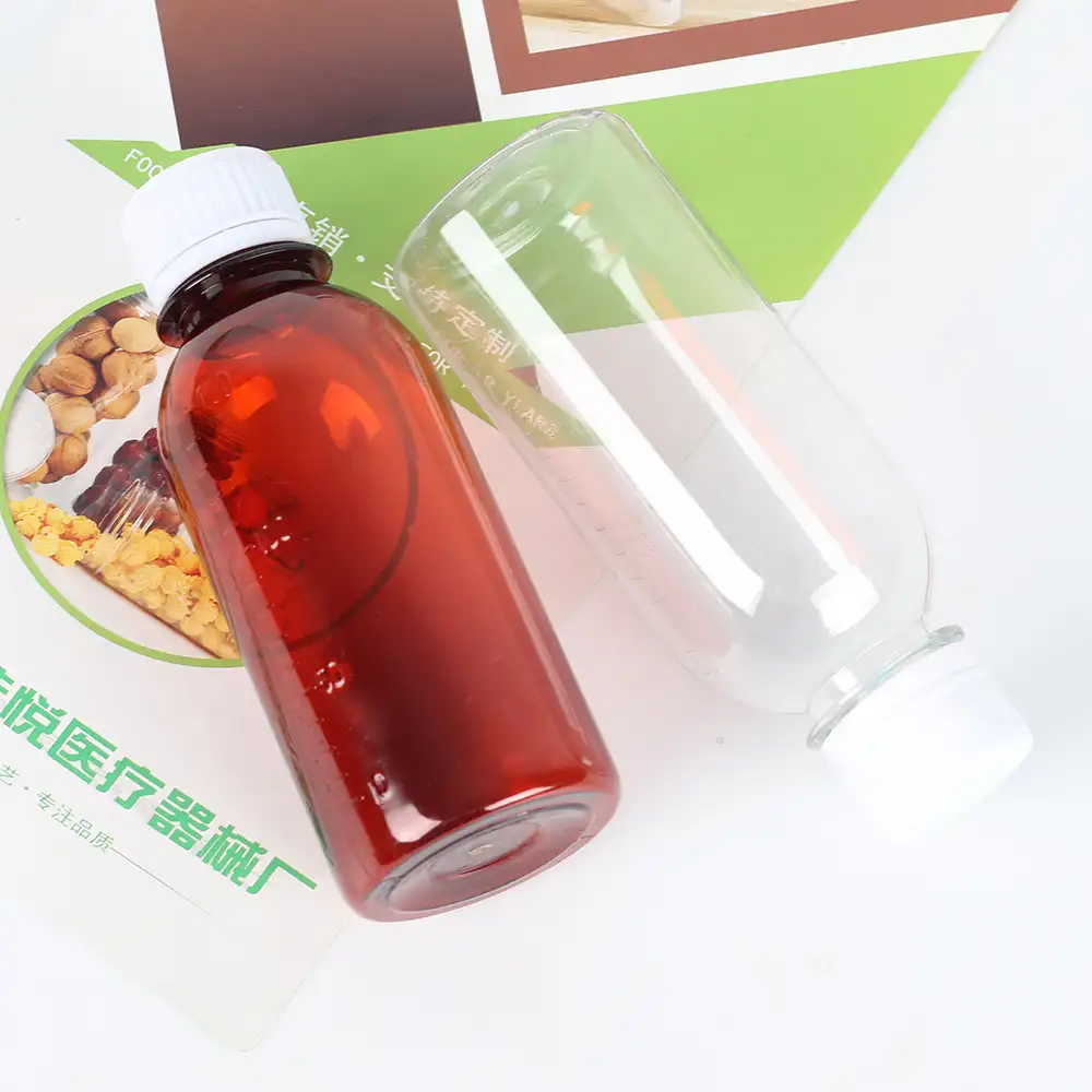 Garrafas líquidas 150ml da garrafa plástica âmbar transparente pet garrafas de medicina garrafas líquidas com graduado fornecedor da china