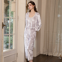 Ensemble pyjama 3 pièces SADI 7624 en velours respirant à pois, avec camisole rembourrée push-up sans dos, gilet et pantalon