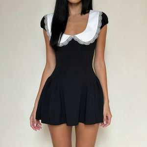 Vestido con cuello Peter Pan, encaje, patchwork, colores contrastantes, diseño dulce con cintura entallada, línea A, minifalda elegante estilo francés - Product Image 6