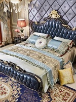 Lit en cuir véritable de style européen Fuanhe avec sculptures en bois massif, coussin moelleux, personnalisable pour chambre principale, lit double de 1,8 m