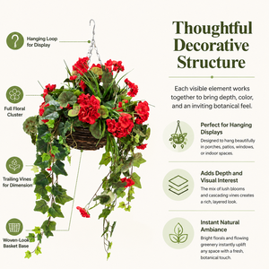 Cesta Colgante con Geranios Rojos Artificiales, <span class=keywords><strong>Hiedra</strong></span> Colgante, Arreglo Floral, Decoración Ecológica para Balcón y Jardín - Product Image 3