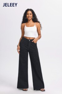 JELEEEY Pantaloni in denim da donna a vita alta e gamba larga con motivo a pois con paillettes, vestibilità ampia, lunghezza intera, jeans casual estivi - Product Image 1