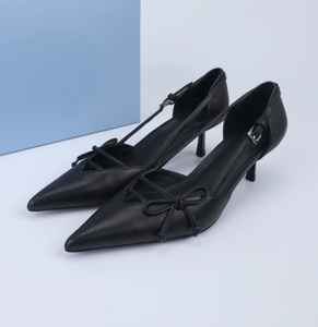 Retro olive green leather pointed-toe high heels. French-style bow tie thin heel side-swinging slip-on <b>shoes</b>. Elegant business - Product Image 3
