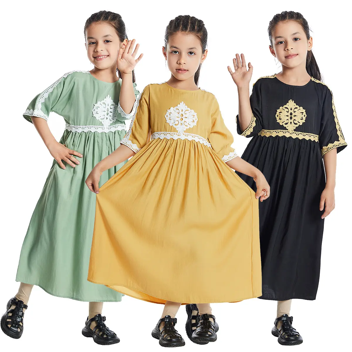Elegante vestido de encaje para niñas del sudeste asiático Vestidos islámicos de flores para niñas Vestidos de manga corta Vestidos de una pieza