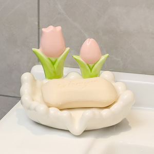 Ruijie Ceramic Tulip Soap Dish Floral Shape Self Drain Bathroom Decor White Porcelain - Product Image 4