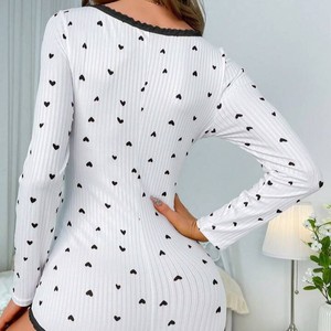 Pyjamas pour femmes en e-commerce transfrontalier, combinaison côtelée jacquard à imprimé cœur, très vendue en Europe et en Amérique, pour femmes - Product Image 3