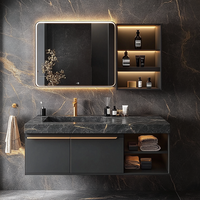 Meuble-lavabo flottant de luxe gris foncé personnalisé avec plateau en marbre noir, finition dorée, miroir LED et étagères ouvertes pour hôtel et villa