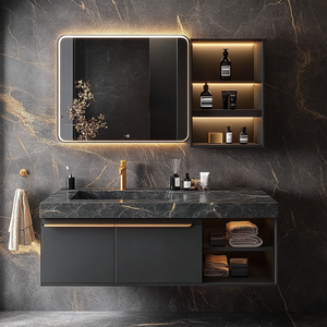 Mueble de Baño Flotante de Lujo Personalizado en Gris Oscuro <span class=keywords><strong>con</strong></span> Encimera de Mármol Negro, Detalles en Dorado, Espejo LED y Estantes Abiertos para Hotel o Villa - Product Image 2
