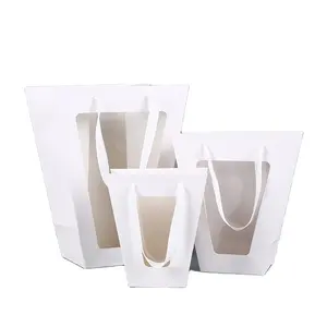 Trapézio Tote Kraft Paper Gift Bags Limpar Janela Flor Bouquet Embrulho Sacos