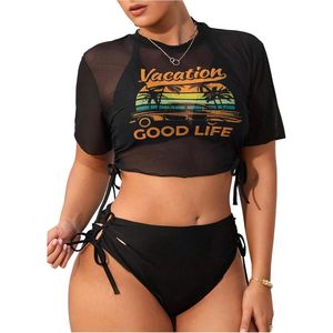 Women's Plus Size 3 Piece <b>Bikini</b> Set With Crop Top Halter <b>String</b> Swimwear Beachwear Spandex Polyester Digital Print - Product Image 1