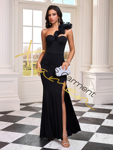 Robe de soirée longue en laine naturelle à taille droite avec imprimé perlé respirant, à épaules dénudées, élégante - Product Image 5