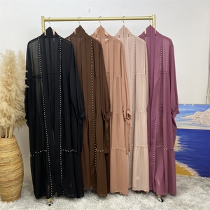 Summer Lightweight Chiffon Open Abaya Set with White Pearls Tie Belt Long Sleeve Dubai Abayas 5 Colors (1964+6435) - Product Image 6