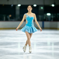 Robe de patinage artistique turquoise à manches longues avec côtés en maille et jupe ornée de strass pour filles et adultes, idéale pour la compétition et les spectacles