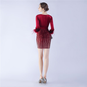 31338 # Comercio Exterior 2024 Nuevo Camello Pajaro Pelo Perlas Terciopelo Costura Cadera-envolto Manga Larga Corto Vestido - Product Image 6