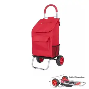 手推车红色可折叠购物车，用于带轮子和可拆卸包的杂货和滚动个人手推车