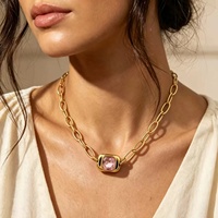 Collier long plaqué or 18 carats avec pendentifs en cristal bleu, rose, vert et transparent pour femme, collier en acier inoxydable avec maillons cubains et zirconiums cubiques, bijoux